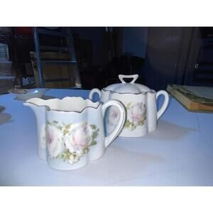 Rare  Z. S & C's Bavaria Cream & Sugar Bowl w Lid White Roses & Gold Accents